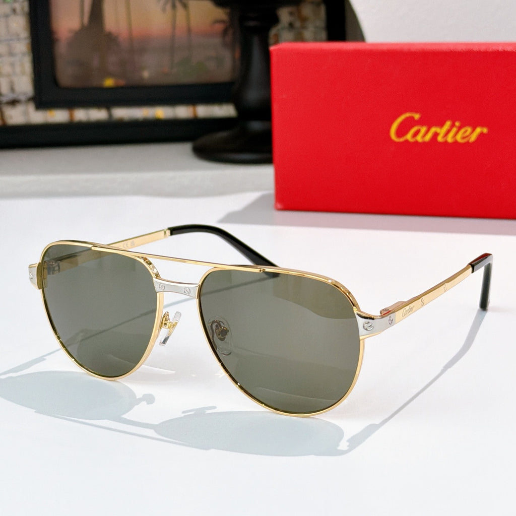 Aviator-style sunglasses with gold frame and dark gray lenses