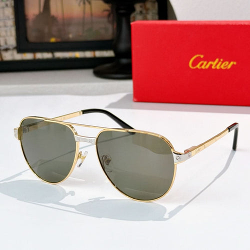 Aviator-style sunglasses with gold frame and dark gray lenses