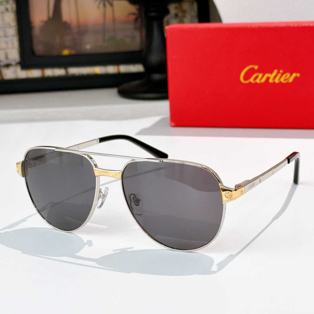 Aviator-style sunglasses with silver frame and dark lenses