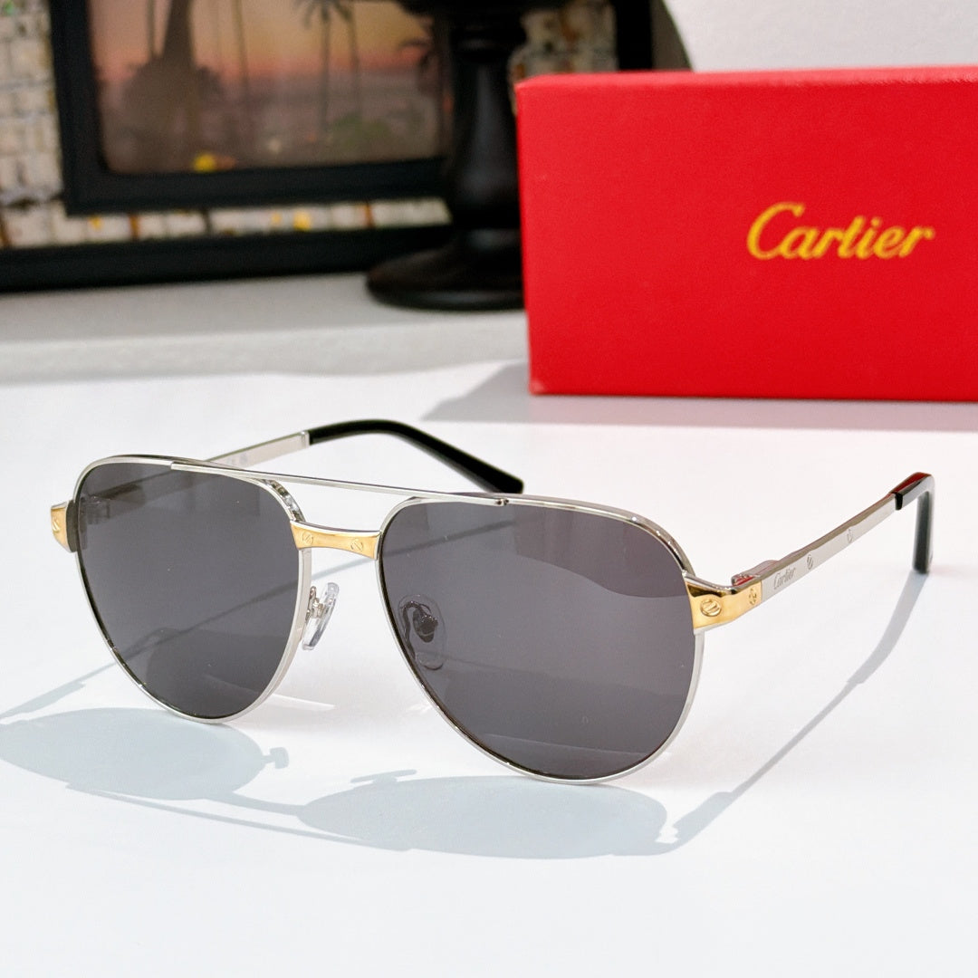 Aviator-style sunglasses with silver frame and dark lenses