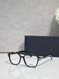 Rectangular eyeglasses with black frame, clear lenses, and Dior logo on temple
