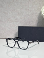 Rectangular eyeglasses with black frame, clear lenses, and Dior logo on temple