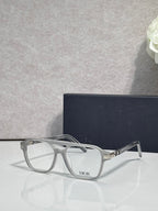 Rectangular eyeglasses with light gray frame and clear lenses, gold hinge detail