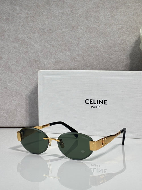 Black round sunglasses with gold-tone hinges and dark green tinted lenses
