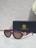 Versace glasses with burgundy round frames and dark lenses, gold emblem on temples