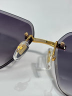 Gold hinge and temple detail on dark-lensed sunglasses