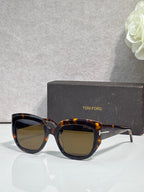 Square sunglasses with tortoiseshell frames and dark brown-tinted lenses, TOM FORD temple branding