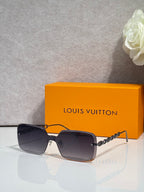 Louis Vuitton square sunglasses, dark tinted lenses, gold chain-link temples