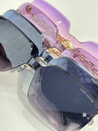 Louis Vuitton sunglasses, purple lenses, gold chain trim, dark frame