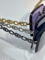 Louis Vuitton sunglasses, gold and dark chain-link temples, dark rectangular frame