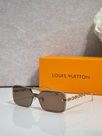 Louis Vuitton square sunglasses, brown tinted lenses, gold chain-link temples