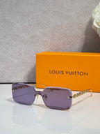 Louis Vuitton square sunglasses, purple tinted lenses, gold chain-link temples