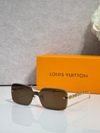 Louis Vuitton square sunglasses, light brown tinted lenses, gold chain-link temples