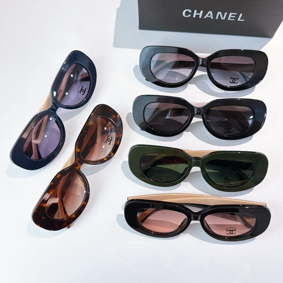 Assorted sunglasses on display with blue, tortoiseshell, green, and black frames