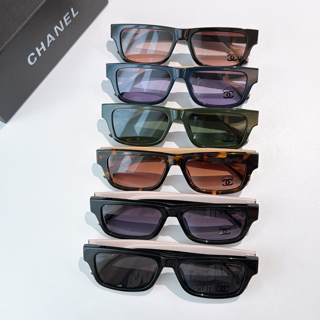 Assorted square sunglasses set with tinted lenses and Chanel logos on temples