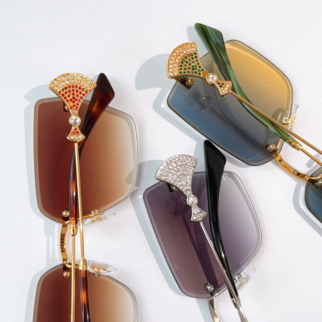 Bvlgari sunglasses close-up with multicolor jeweled bridge and tinted square lenses.