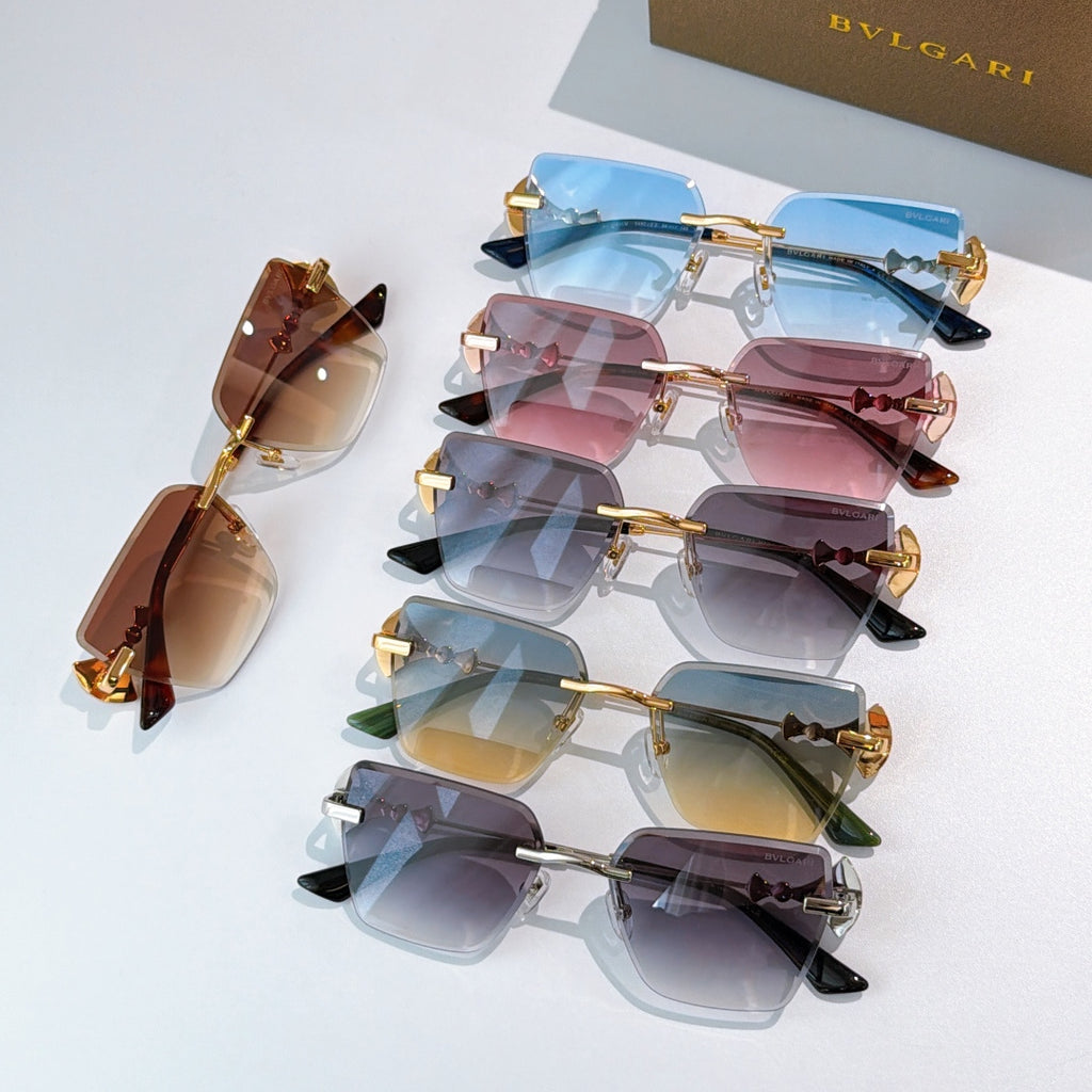 Bvlgari sunglasses assortment with multiple colored square lenses and jeweled gold frames.