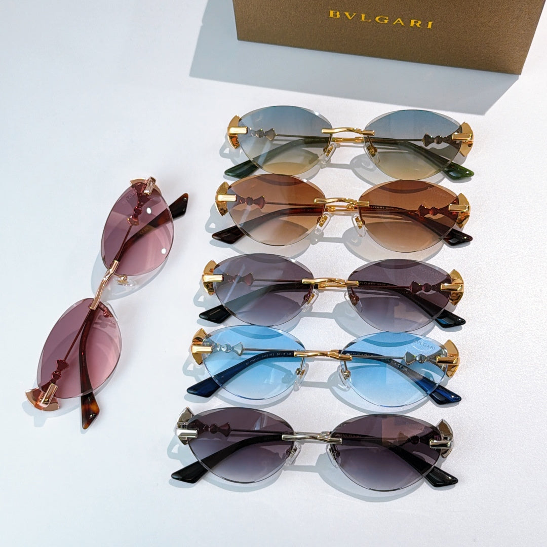 Assorted Bvlgari sunglasses with blue, pink, purple, and dark lenses.