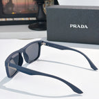 Sunglasses with blue frames, side view, tinted lenses