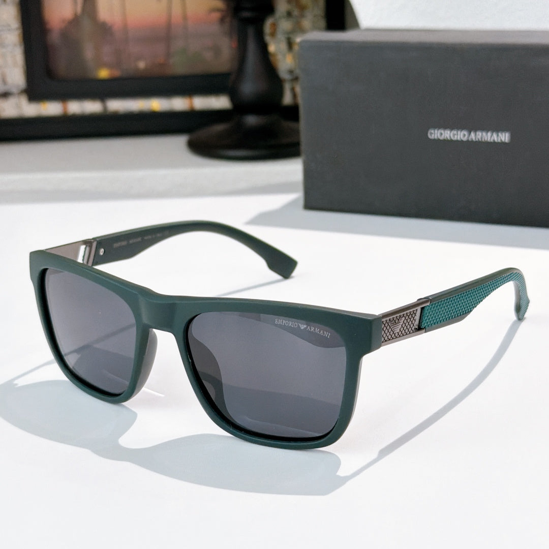 Prada rectangular sunglasses with dark gray lenses and teal frame