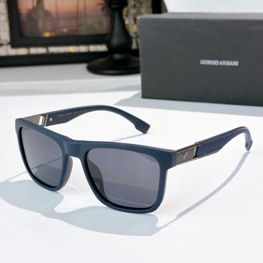 Prada rectangular sunglasses with dark gray lenses and light blue frame