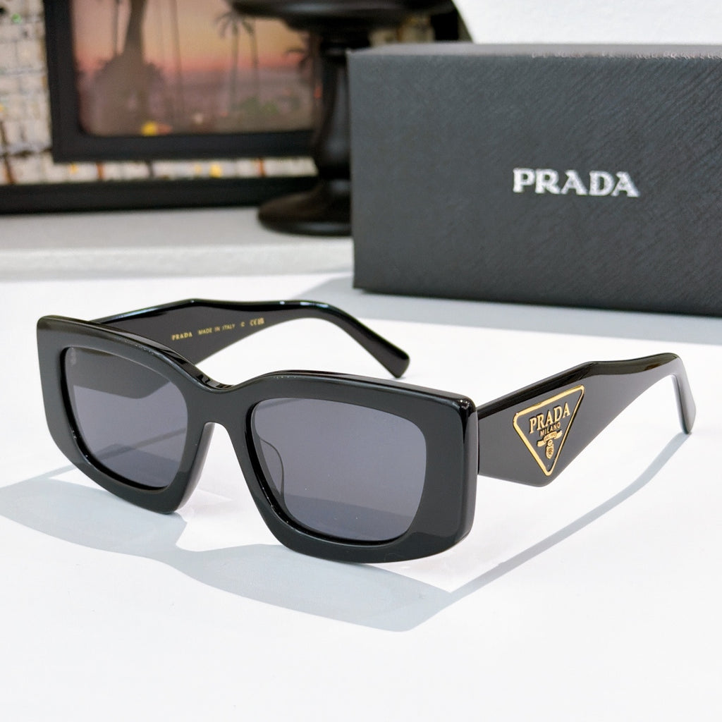 PRADA black square cat-eye sunglasses with logo badge and gray tinted lenses