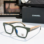 Chanel eyeglasses with dark green square frames and blue-tinted lenses, front logo