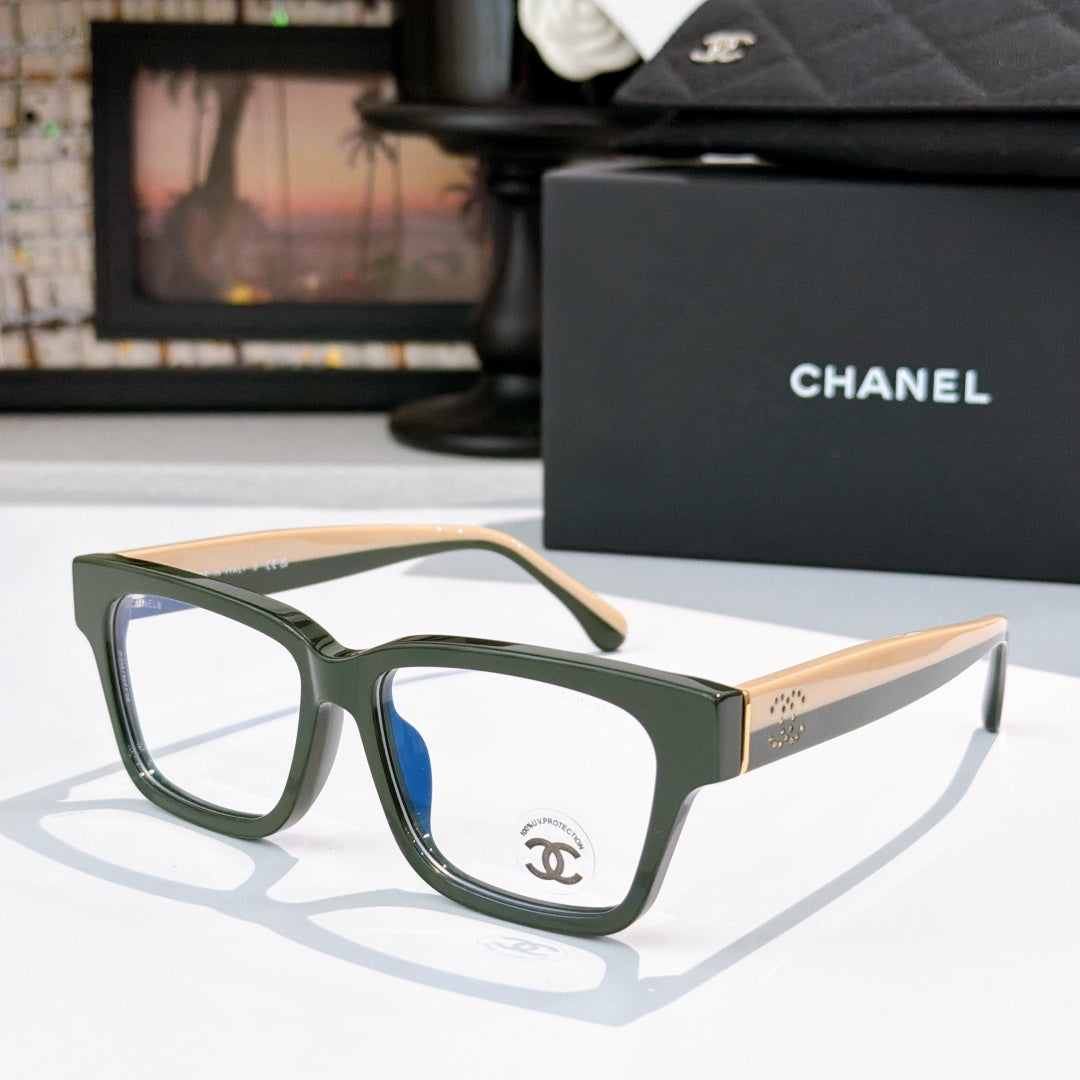 Chanel eyeglasses with dark green square frames and blue-tinted lenses, front logo