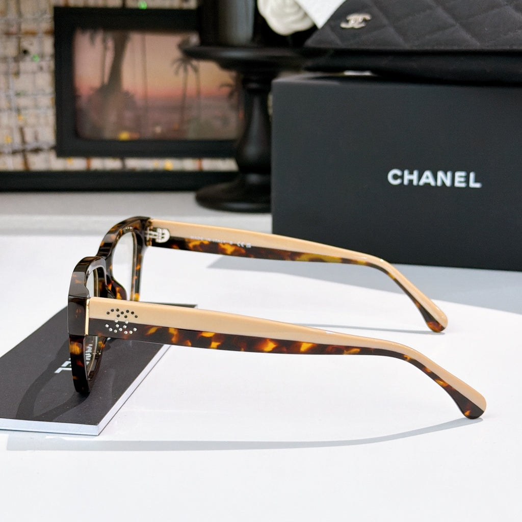 Chanel eyeglasses side view with tortoiseshell frames and tan temple arms