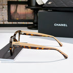 Chanel eyeglasses side view with tortoiseshell frames and tan temple arms