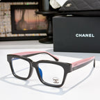 Chanel eyeglasses with black square frames, pink temple accents, and front logo