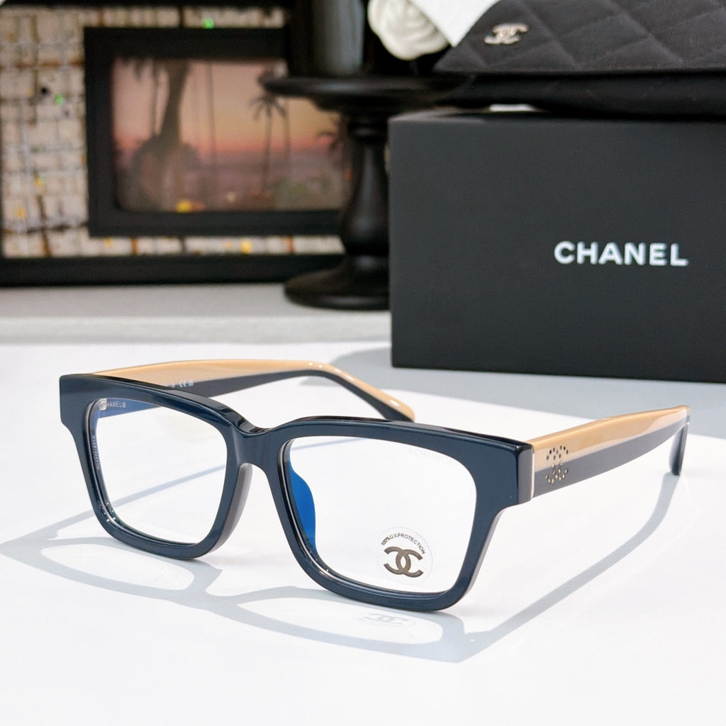 Chanel eyeglasses with dark blue square frames and tan temple accents, front logo