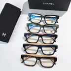 Chanel eyeglasses set with four square frames in black, green, navy, and tortoiseshell