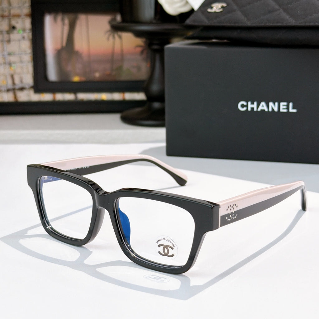 Chanel eyeglasses with black square frames and blue-tinted lenses, front logo detail