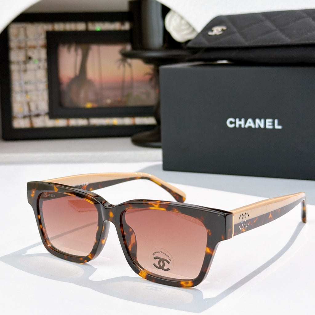 CHANEL square sunglasses, tortoise frames, pink-tinted lenses, light pink temples