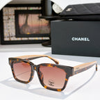 CHANEL square sunglasses, tortoise frames, pink-tinted lenses, light pink temples