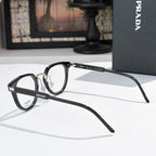 Prada glasses, black frames with clear lenses and silver hinges