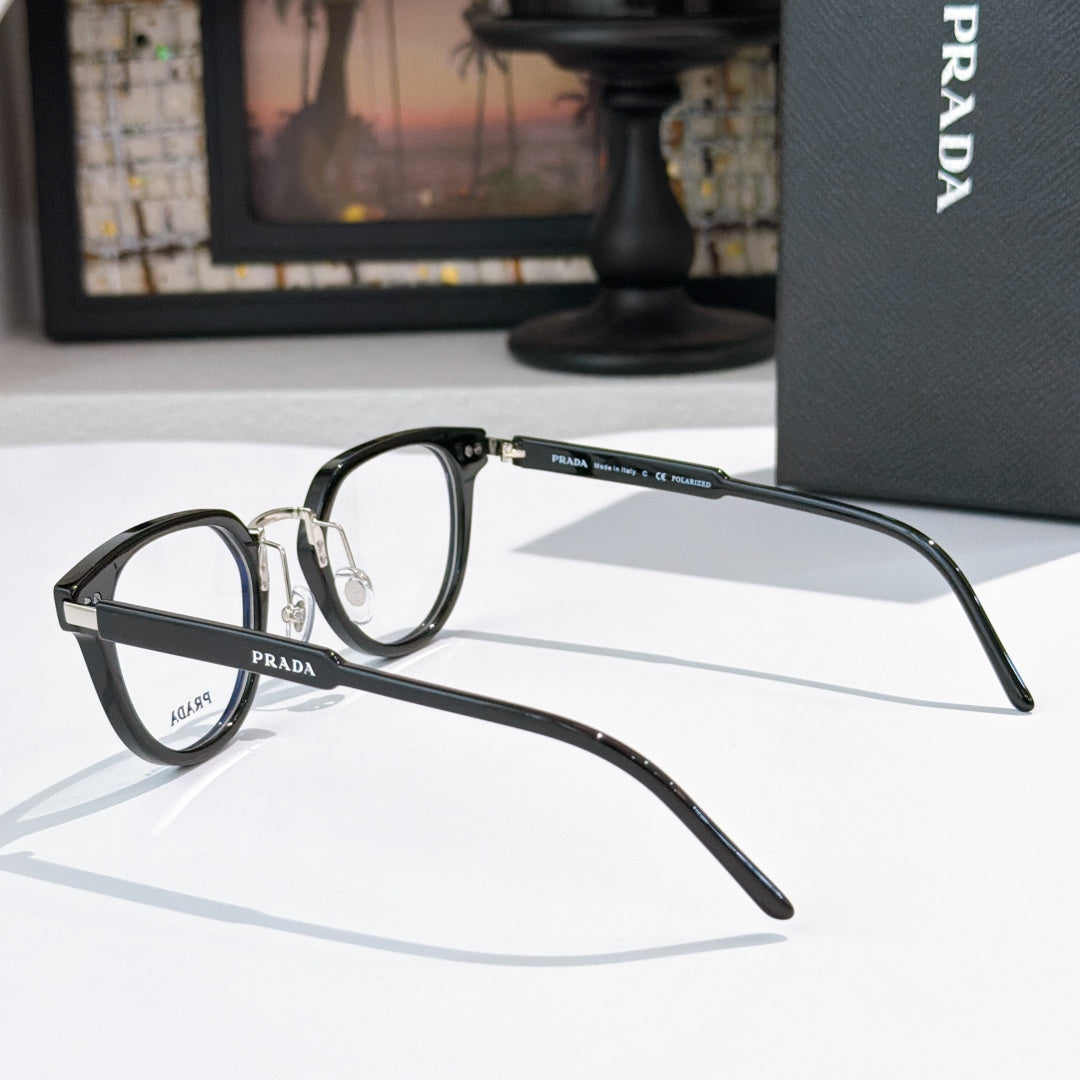 Prada glasses, black frames with clear lenses and silver hinges