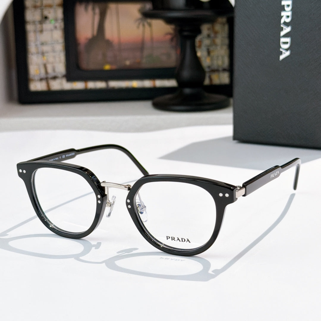 Prada glasses, black frames with clear lenses and silver bridge hardware