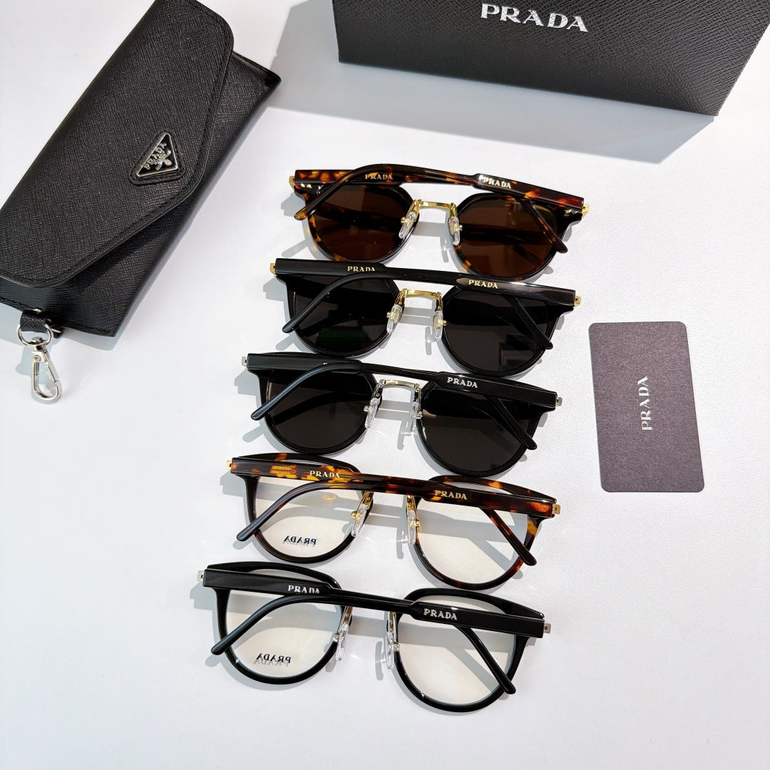 Prada glasses set, stacked frames with black case and lens pouches