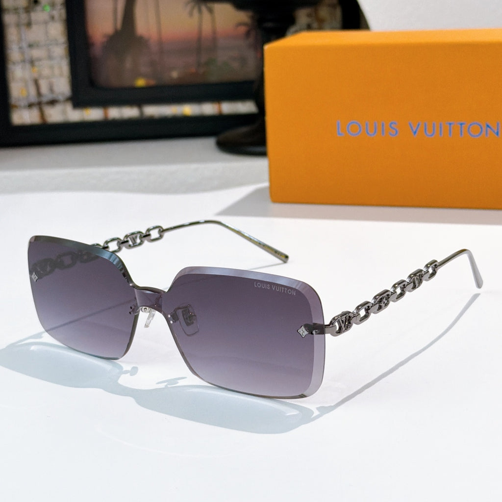 Purple square sunglasses with silver chain detail and slim silver temples