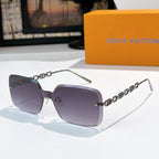 Purple square sunglasses with silver chain detail and slim silver temples