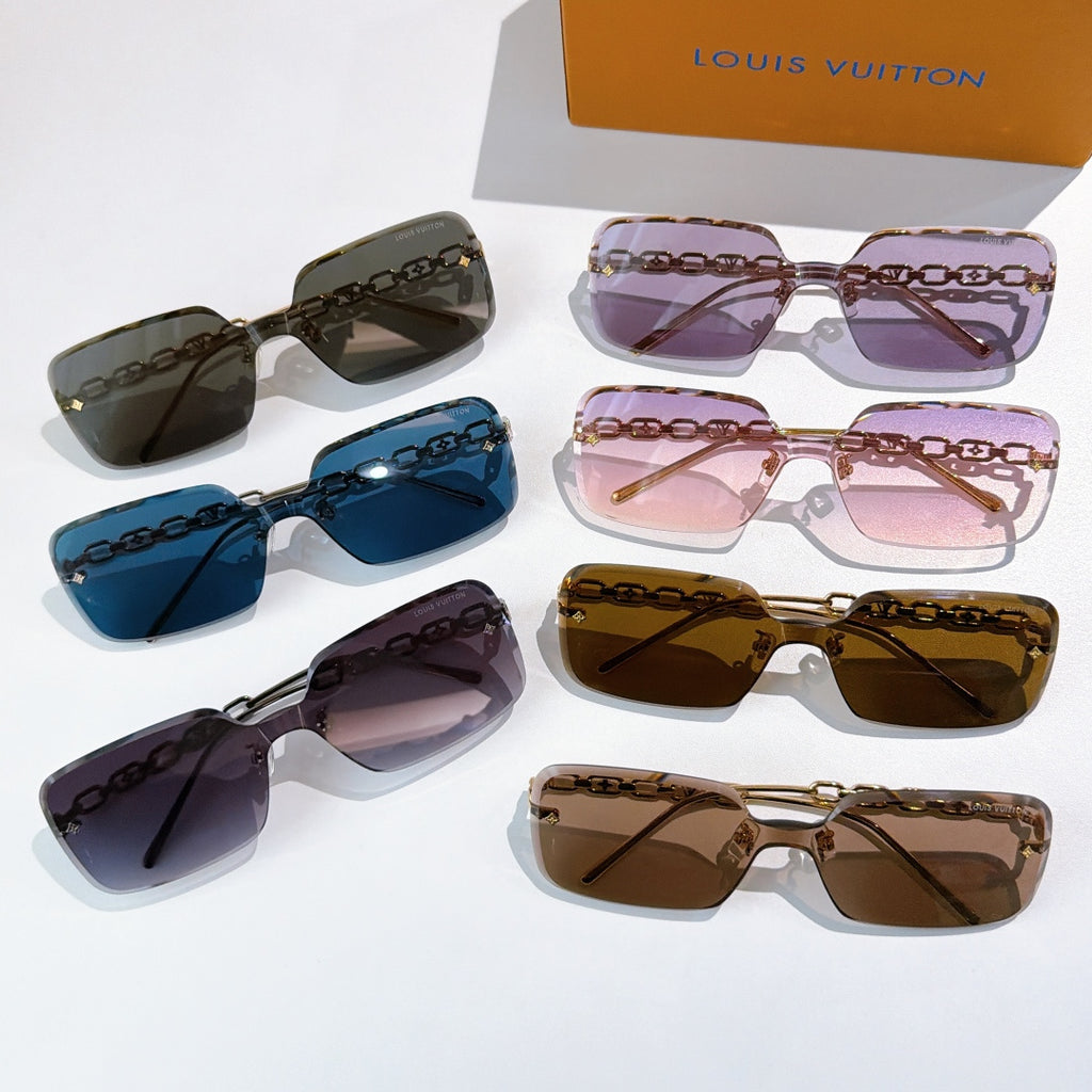 Assorted chain temple sunglasses with tinted lenses in dark, blue, purple, and brown