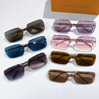 Assorted chain temple sunglasses with tinted lenses in dark, blue, purple, and brown