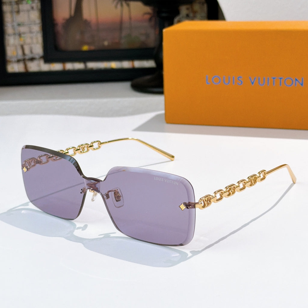Purple square sunglasses with gold chain detail and slim gold temples