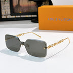 Gray square sunglasses with gold chain detail and thin gold temples