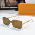 Brown square sunglasses with gold chain detail and thin gold temples