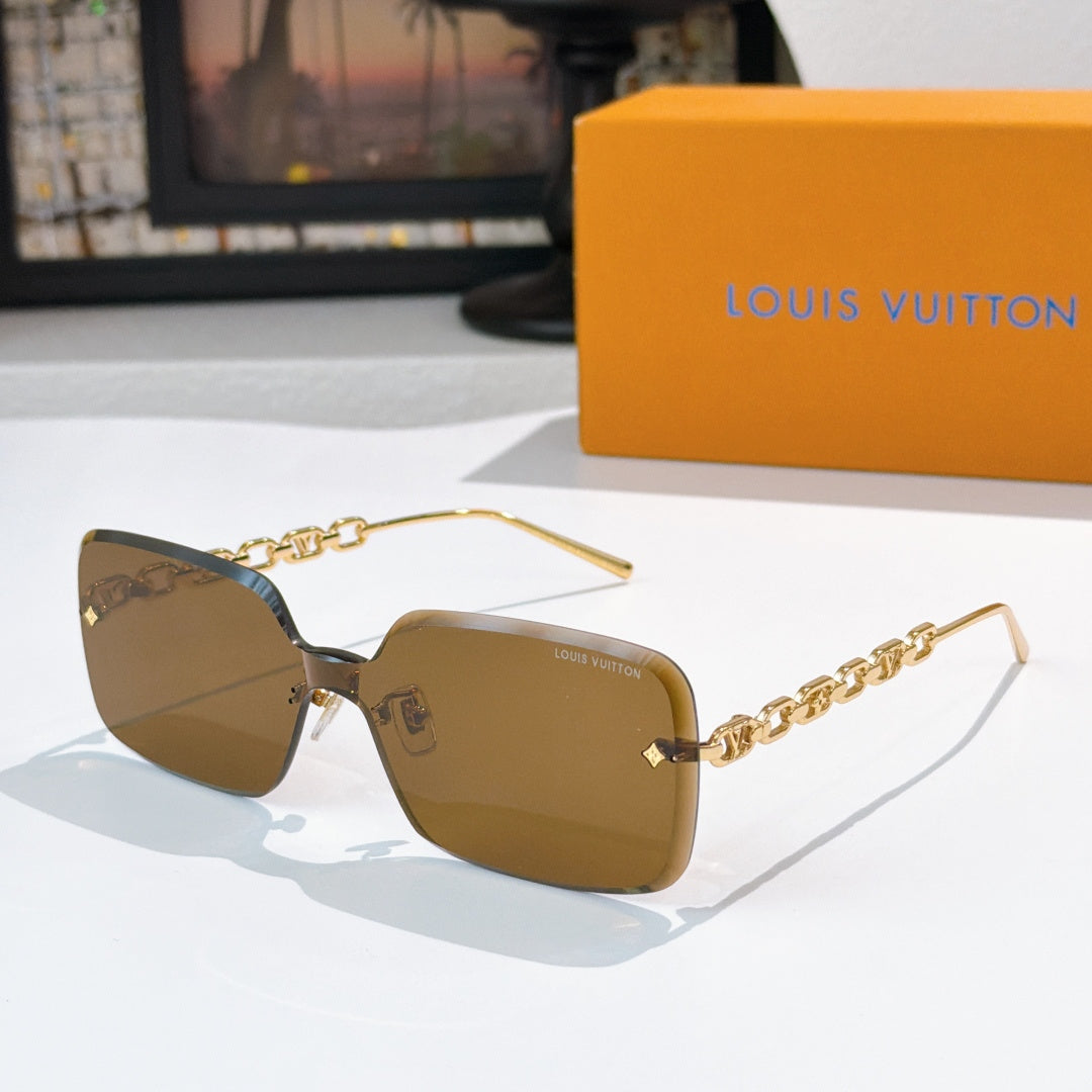 Brown square sunglasses with gold chain detail and thin gold temples