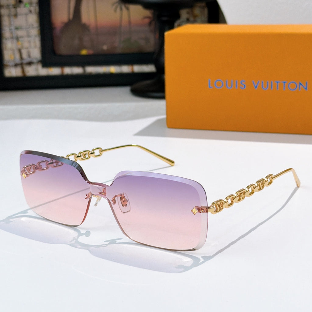 Lavender-pink square sunglasses with gold chain detail and thin gold temples