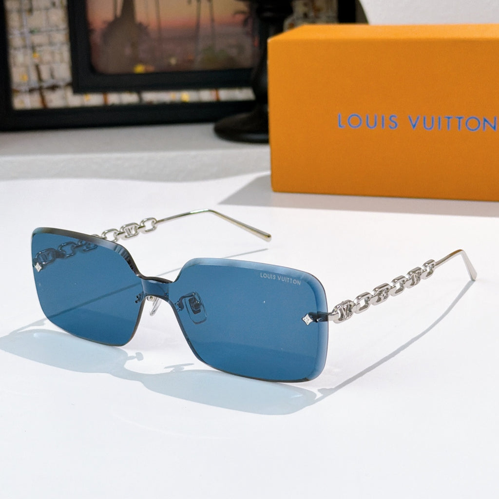 Blue square sunglasses with silver chain detail and slim silver temples